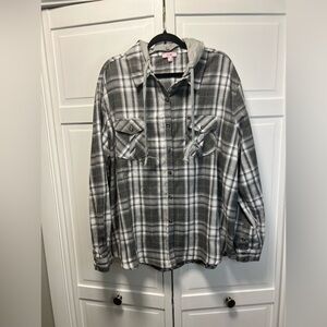 P.S. LOVE WOMENS HOODED BUTTON DOWN FLANNEL SHIRT SIZE 2X COLOR GRAY AND…